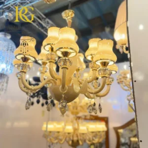 لوستر مورانو سلطنتی کهربایی با شید شیشه‌ای