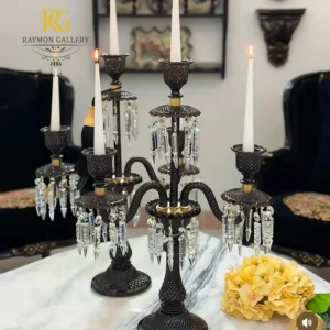 شمعدانی 3 شاخه مشکی با آویز های سفید شیک