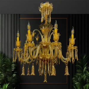 لوستر شاخه‌ای طلایی لوکس با آویز کریستالی بزرگ