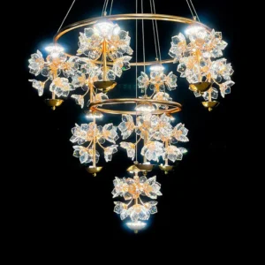 لوستر سقفی چند شاخه طلایی با آویزهای گل کریستالی