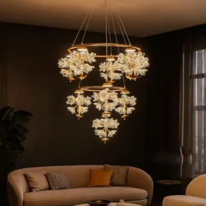 لوستر سقفی مدرن طلایی با گل های کروی کریستالی