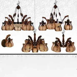 مجموعه لوستر چوبی کرمی حبابی خط دار