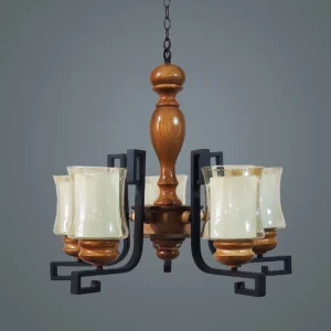 لوستر کلاسیک 5شاخه چوبی شید شیشه‌ای