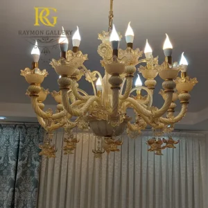 لوستر مورانو دو طبقه کرم رنگ با آویز‌های دست ساز