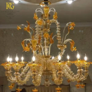 لوستر زرد طلایی سبک مورانو با برگ های دست ساز پیچکی