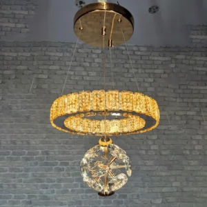 لوستر آویز مدرن حلقه‌ای کریستالی طلایی گوی‌دار