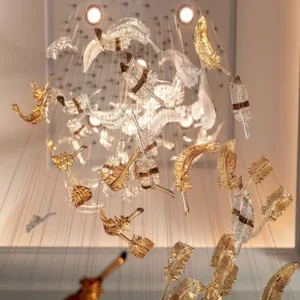 لوستر ریسه ای بلند کریستالی  با طراحی برگ