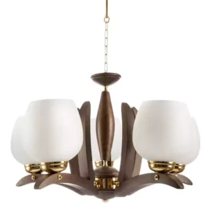 لوستر چوبی سبک مدرن 5 شعله با حباب مات